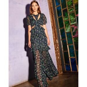 B51 AMUR Carter Silk Cutout Maxi Dress Womens 4 Floral Ruffle Wedding Guest